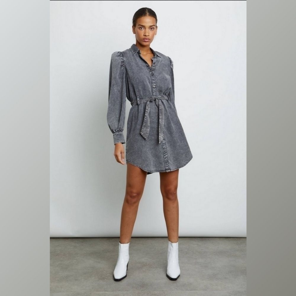 AVEC LES FILLES Denim Button Up Shirt Dress Tie Waist Collared Acid Wash Sz S